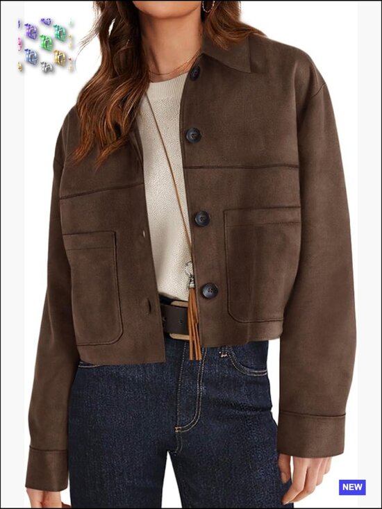 Jackets & Blazers - Faux Suede Cropped Jacket Casual Lightweight Fall Winter Coat Trendy Outerwear